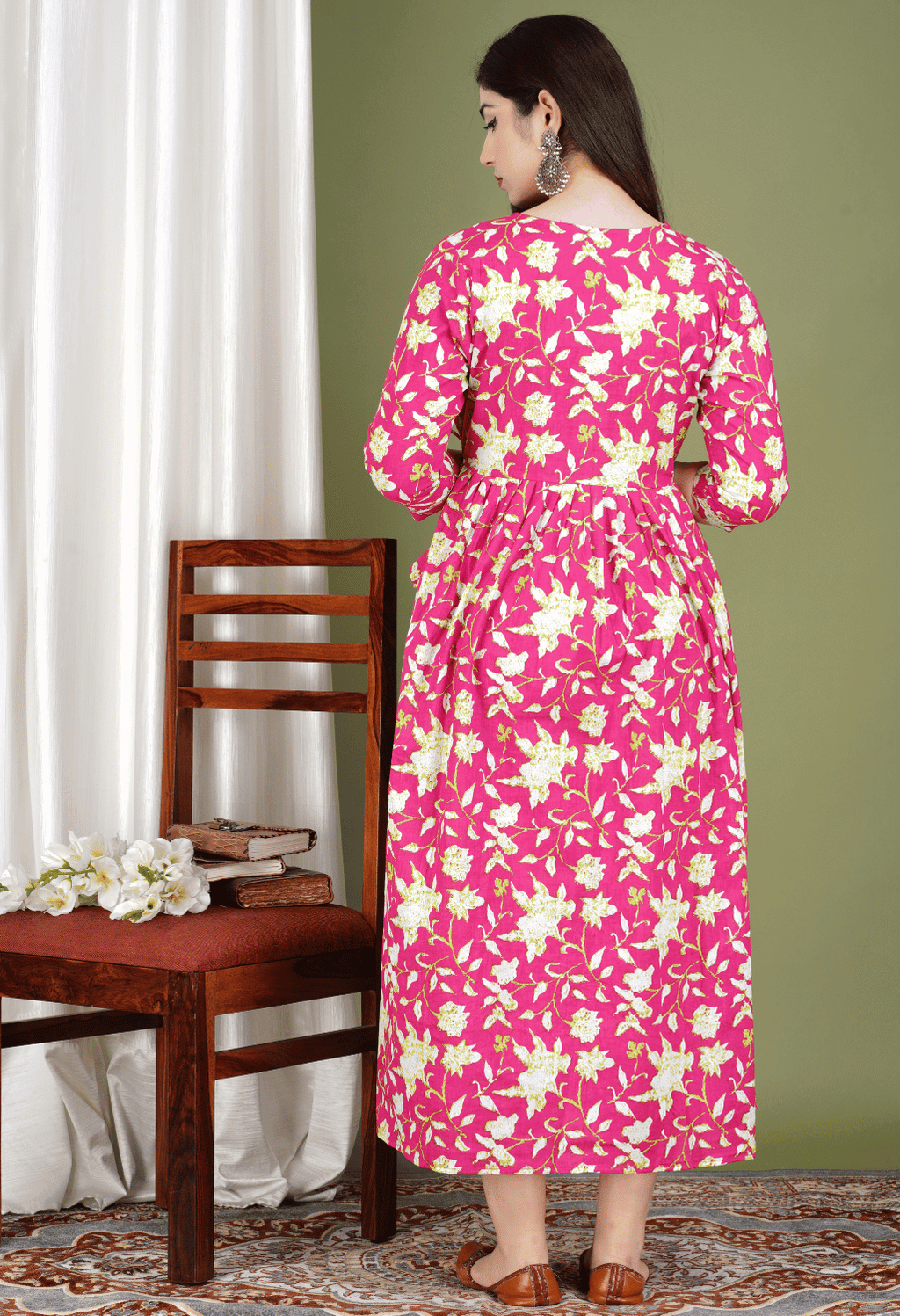 Pink Floral Printed Viscose Rayon Maternity & Feeding Midi Dress