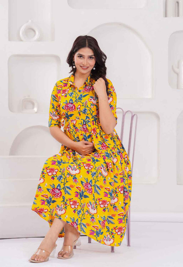 Mustard Yellow Floral Printed Collared Viscose Rayon Maternity & Feeding Midi Dress