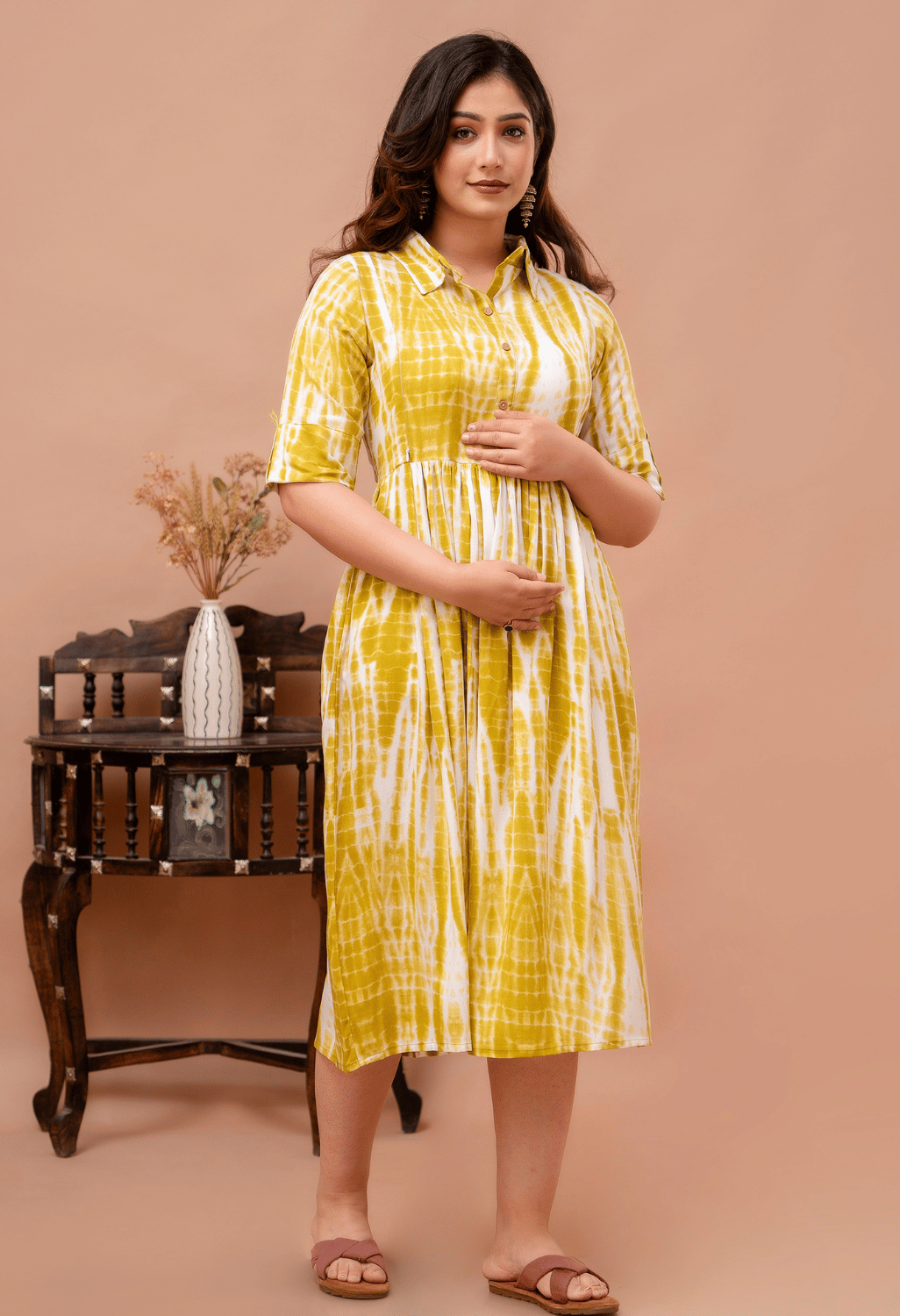 Mustard Yellow Shibori Printed Collared Viscose Rayon Maternity & Feeding Midi Dress Secondary image