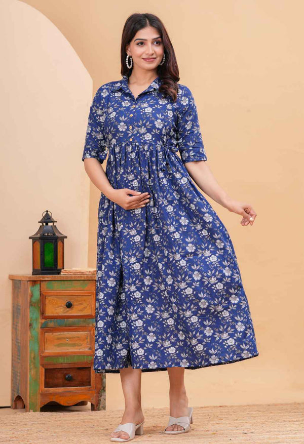 Indigo Floral Printed Collared Viscose Rayon Maternity & Feeding Midi Dress