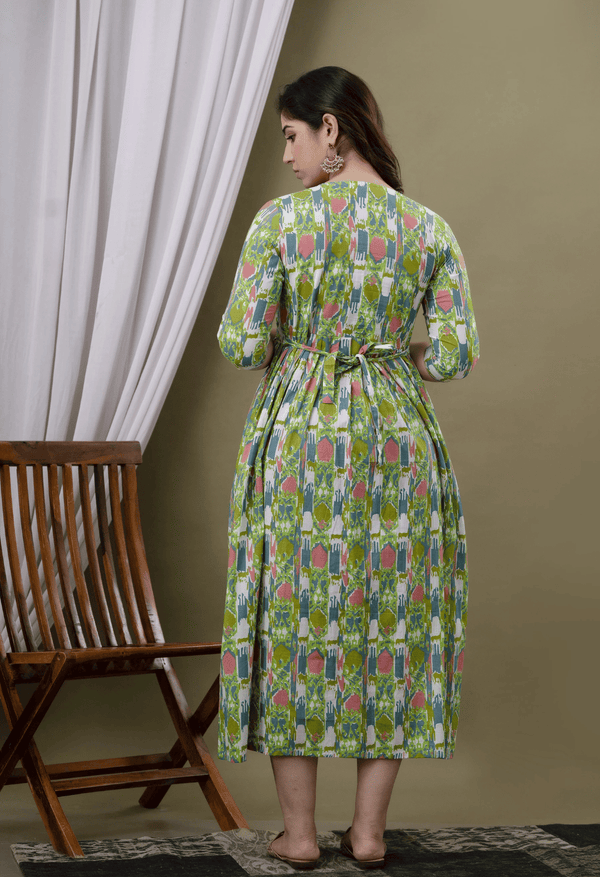 Sage Green Abstract Printed Viscose Rayon Maternity & Feeding Maxi Dress