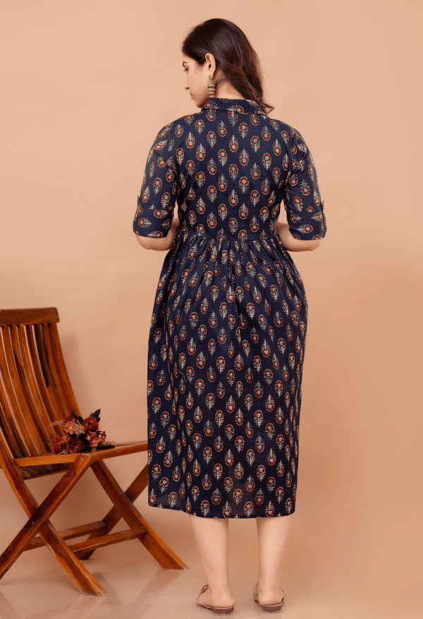 Navy Blue Buta Printed Collared Viscose Rayon Maternity & Feeding Midi Dress