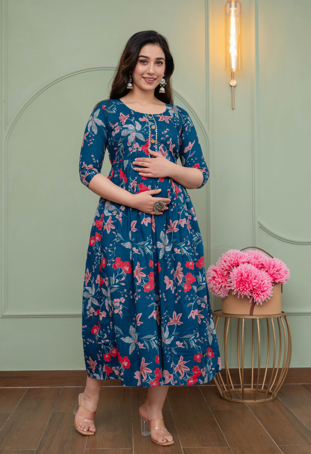 Navy Blue Botanical Floral Printed Viscose Rayon Maternity & Feeding Maxi Dress