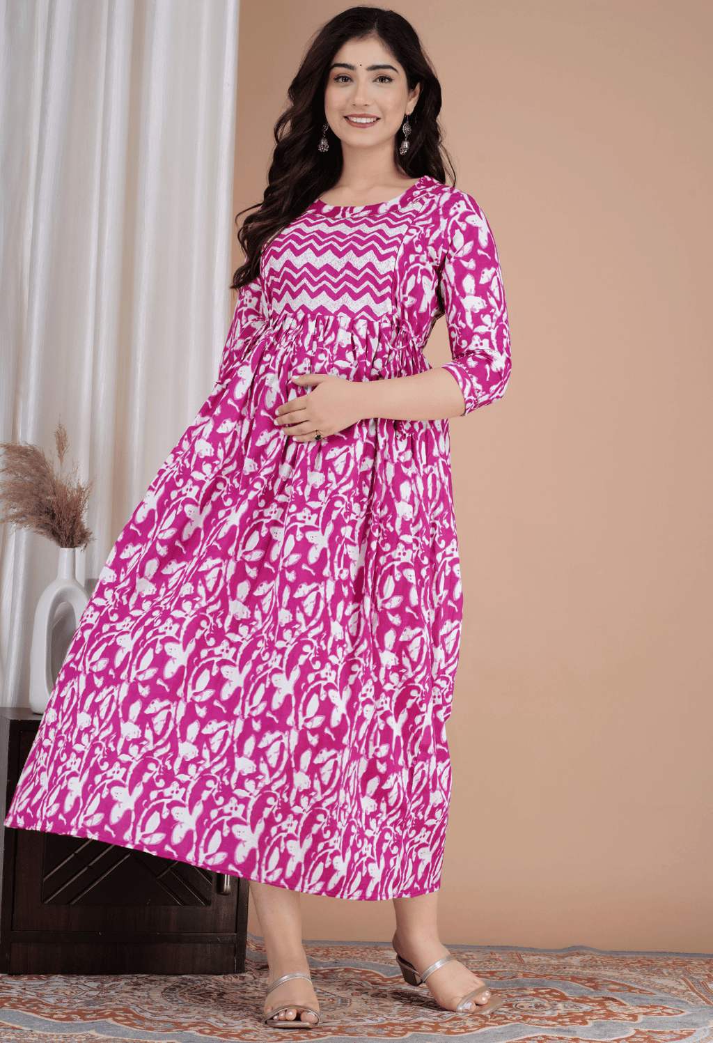 Rani Pink & White Abstract Printed Viscose Rayon Maternity & Feeding Midi Dress
