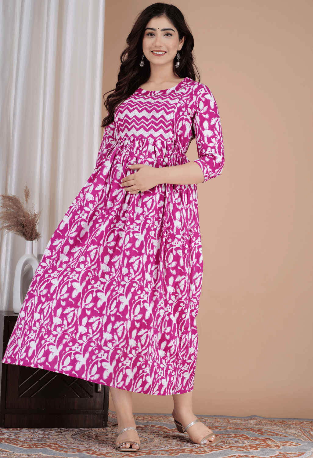 Rani Pink & White Abstract Printed Viscose Rayon Maternity & Feeding Midi Dress