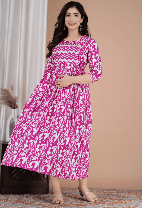 Rani Pink & White Abstract Printed Viscose Rayon Maternity & Feeding Midi Dress