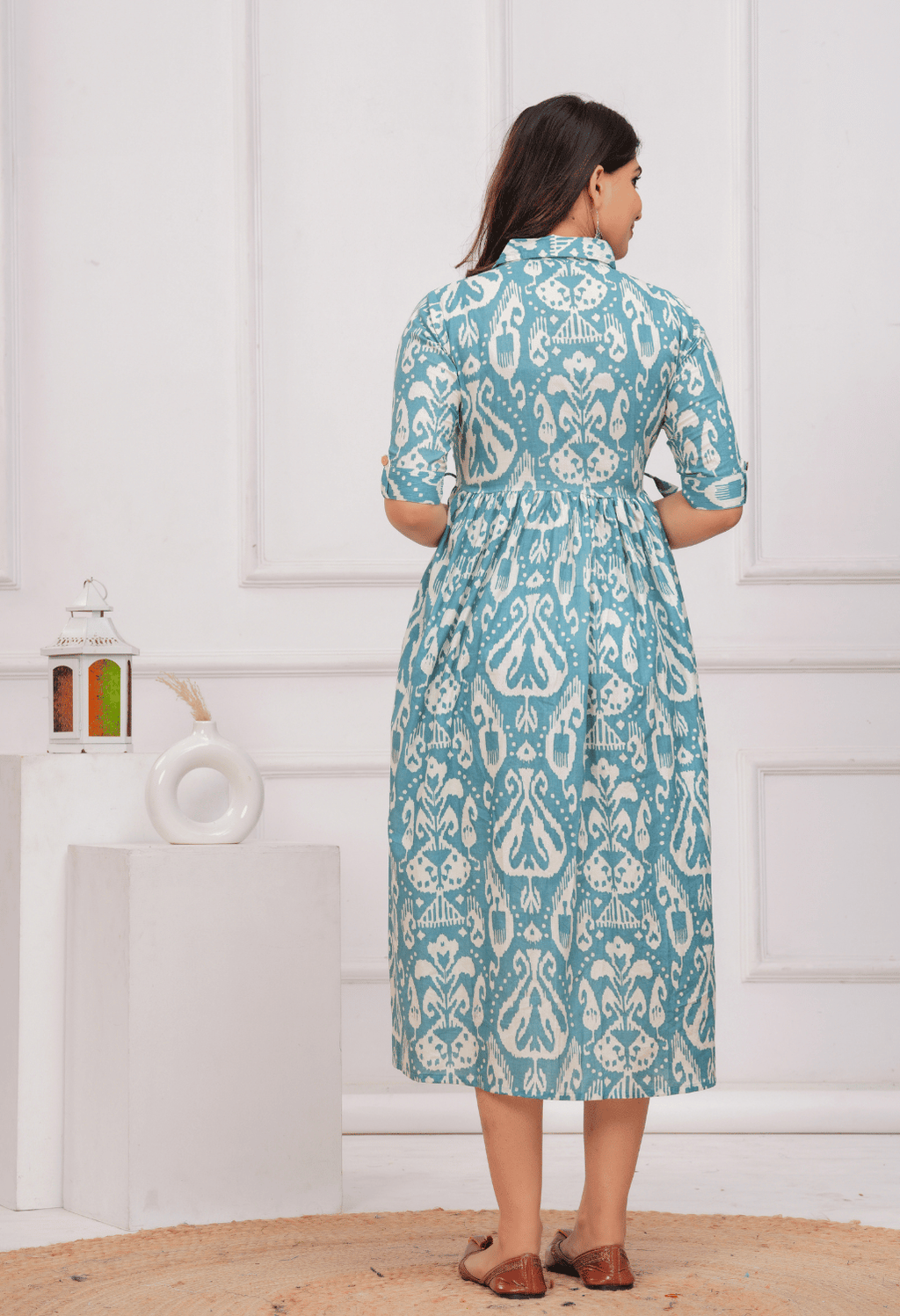 Sky Blue Ikat Printed Collared Viscose Rayon Maternity & Feeding Midi Dress