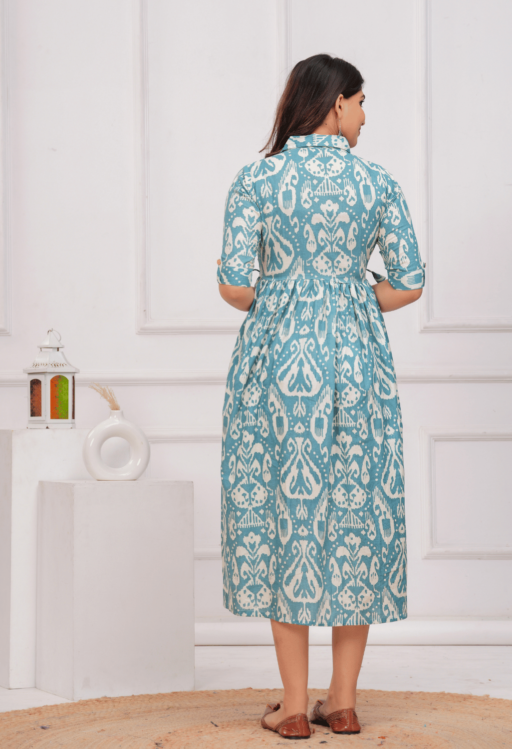 Sky Blue Ikat Printed Collared Viscose Rayon Maternity & Feeding Midi Dress