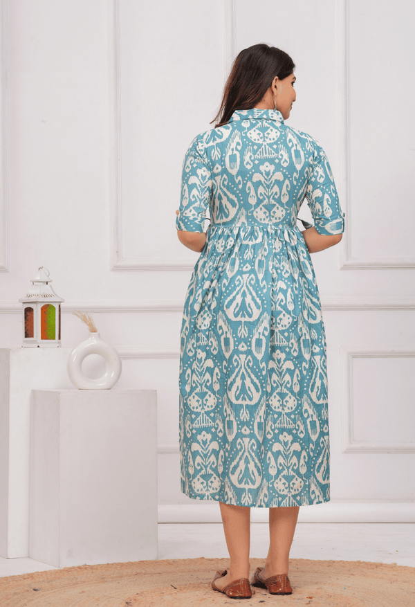 Sky Blue Ikat Printed Collared Viscose Rayon Maternity & Feeding Midi Dress