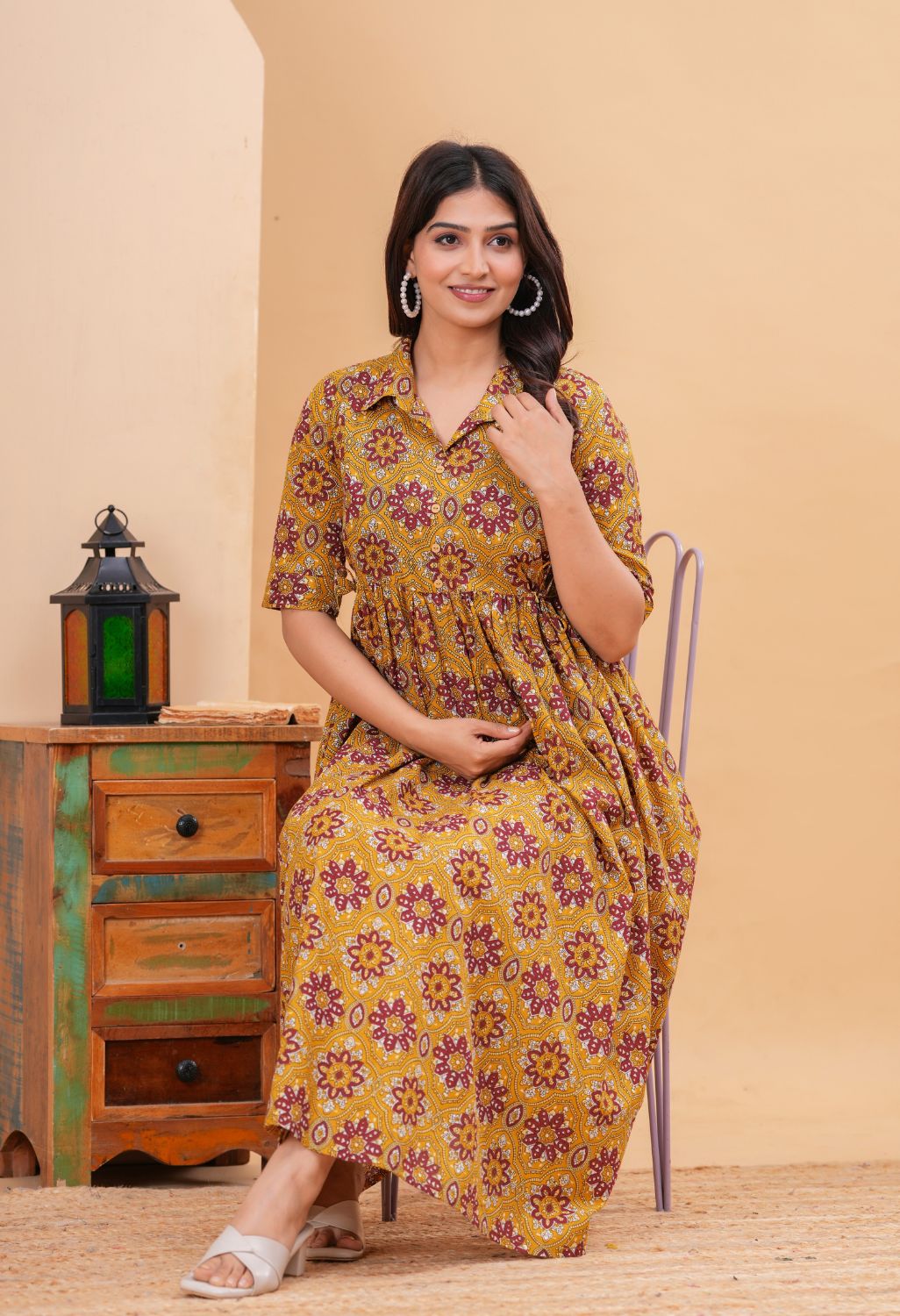 Mustard Ethnic Printed Collared Viscose Rayon Maternity & Feeding Midi Dress Secondary image