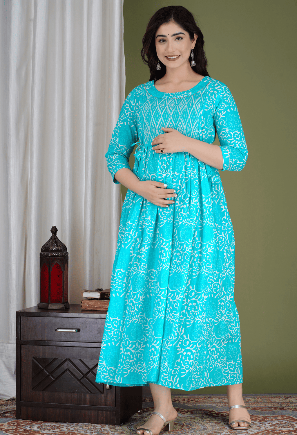 Turquoise Blue Floral Printed Viscose Rayon Maternity & Feeding Maxi Dress