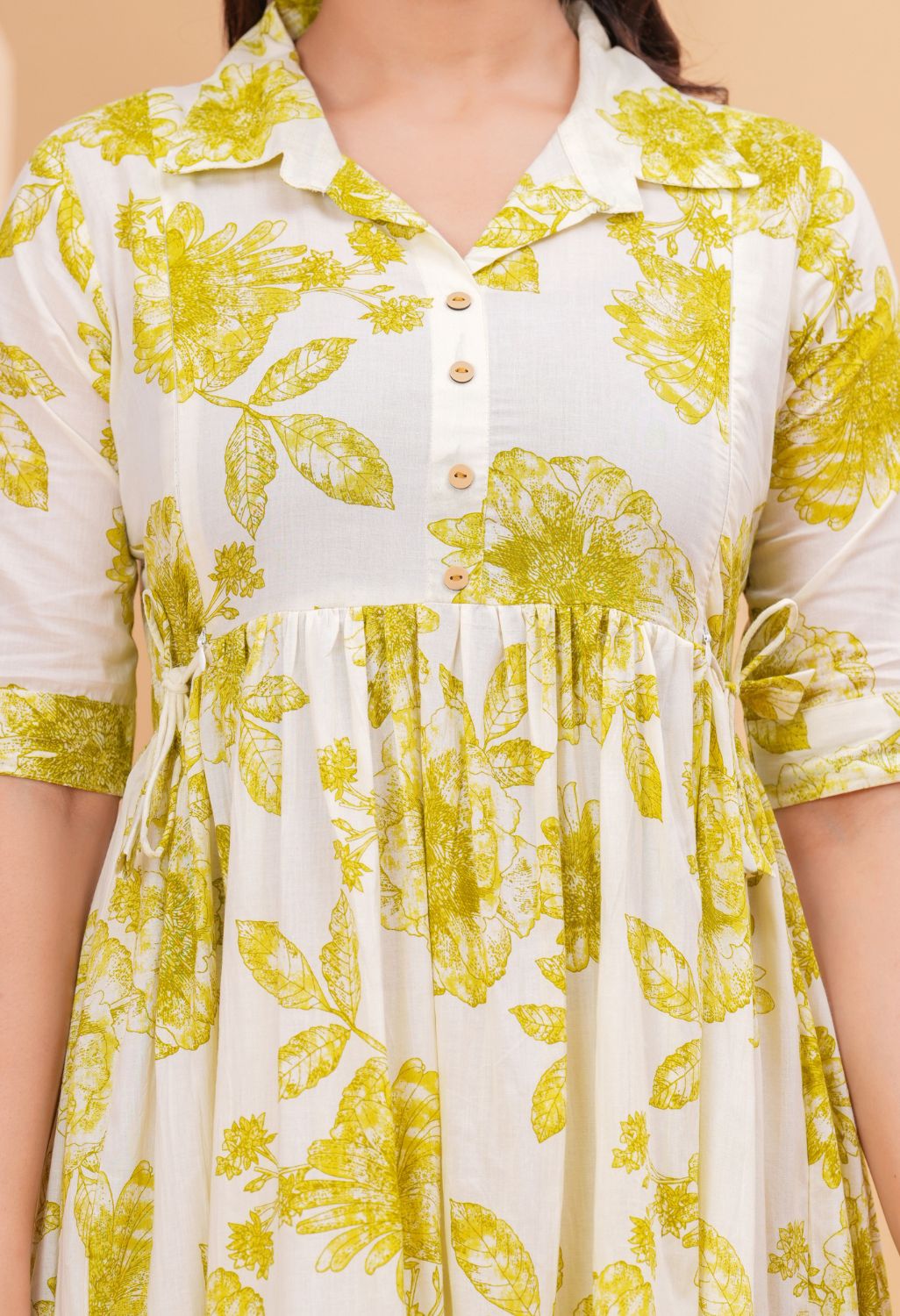 White & Mustard Floral Printed Collared Viscose Rayon Maternity & Feeding Midi Dress