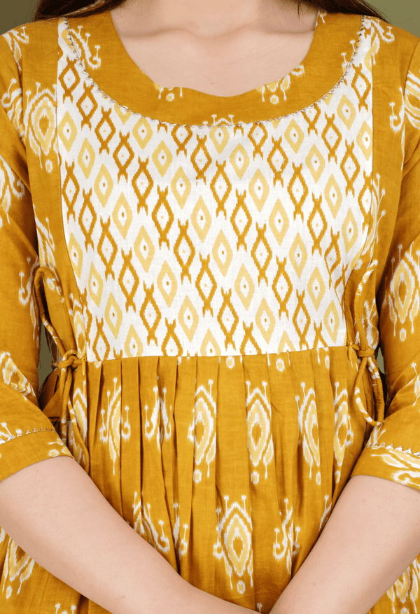 Mustard Yellow Printed Viscose Rayon Maternity & Feeding Midi Dress