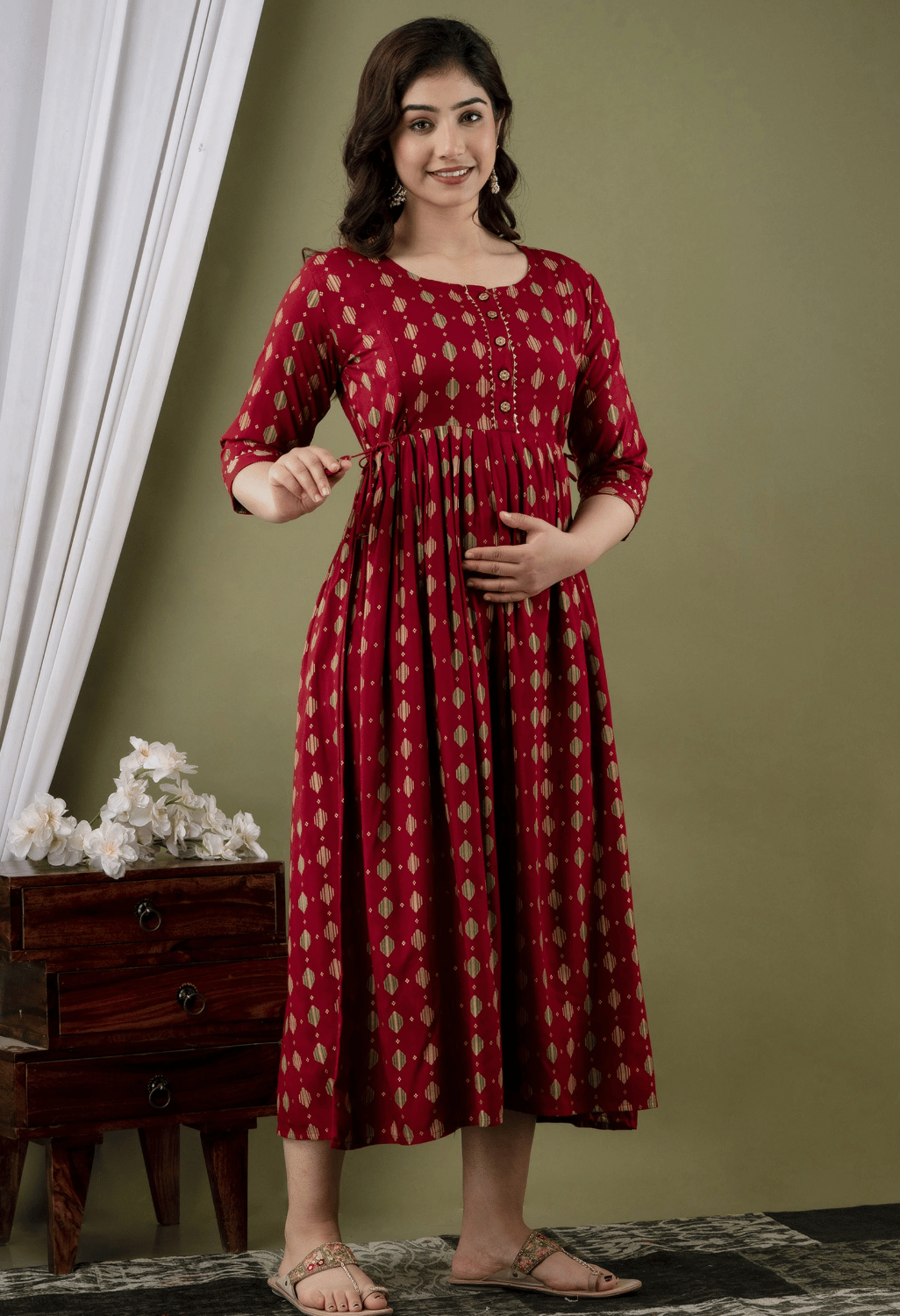 Maroon Geometric Printed Viscose Rayon Maternity & Feeding Maxi Dress