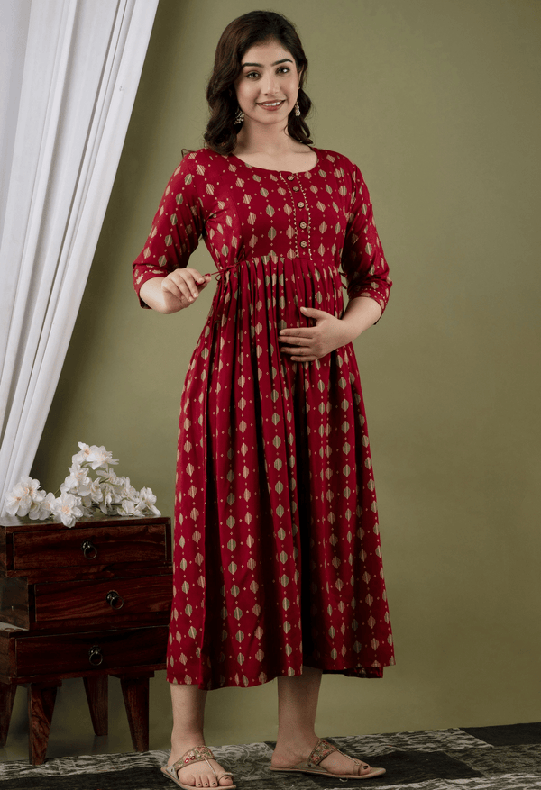 Maroon Geometric Printed Viscose Rayon Maternity & Feeding Maxi Dress