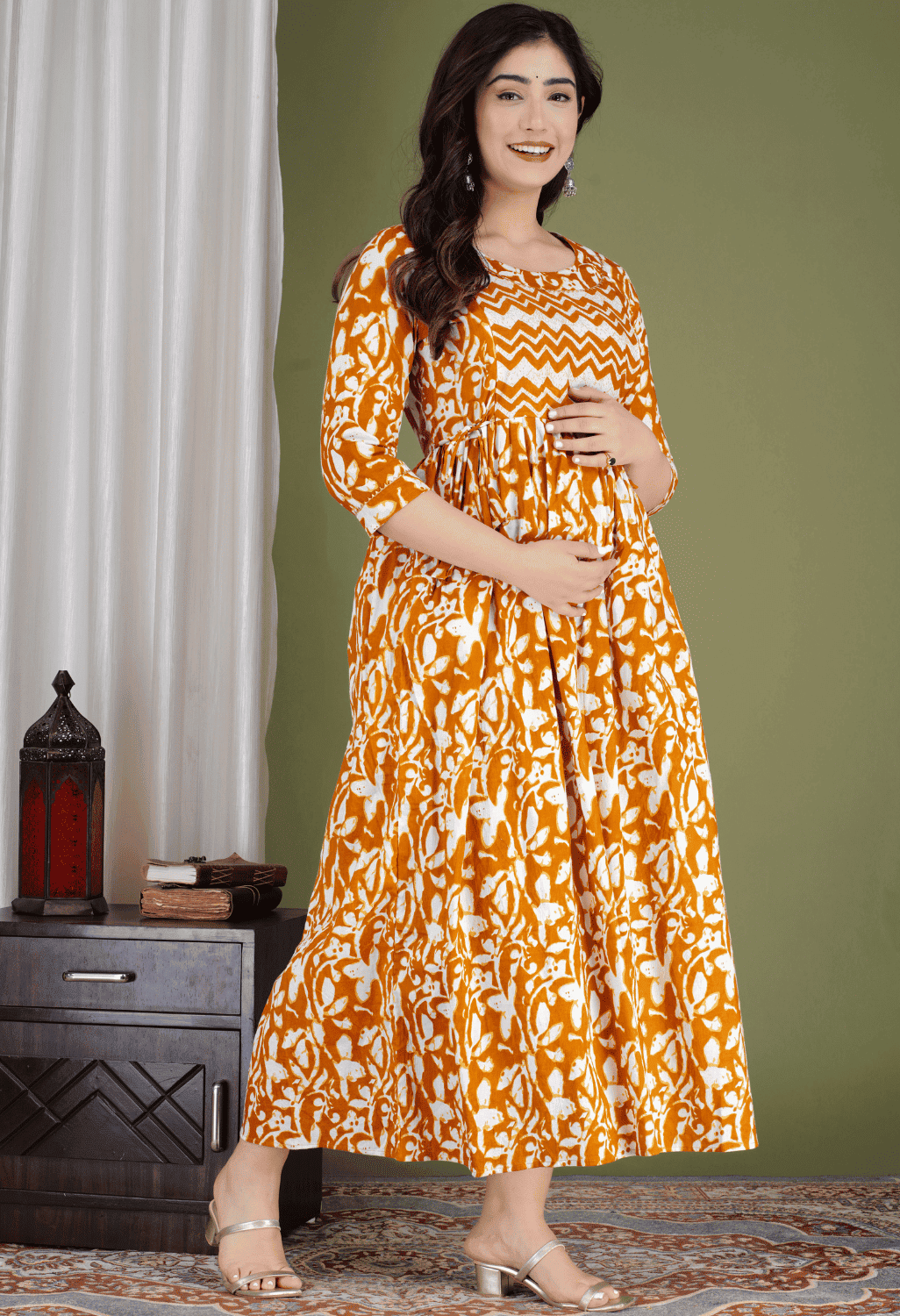 Orange & White Abstract Printed Viscose Rayon Maternity & Feeding Midi Dress