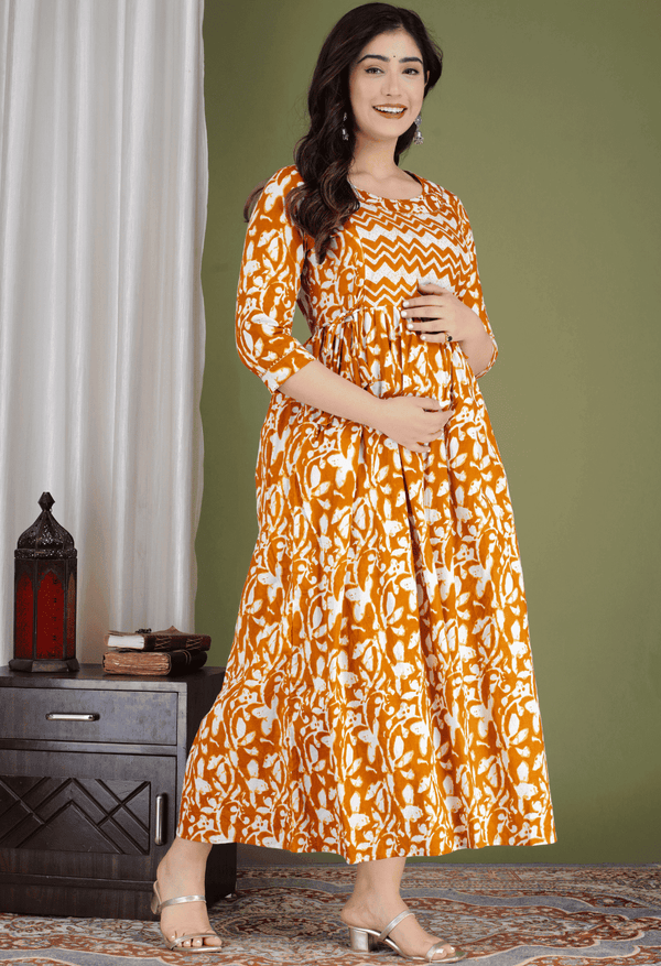 Orange & White Abstract Printed Viscose Rayon Maternity & Feeding Midi Dress