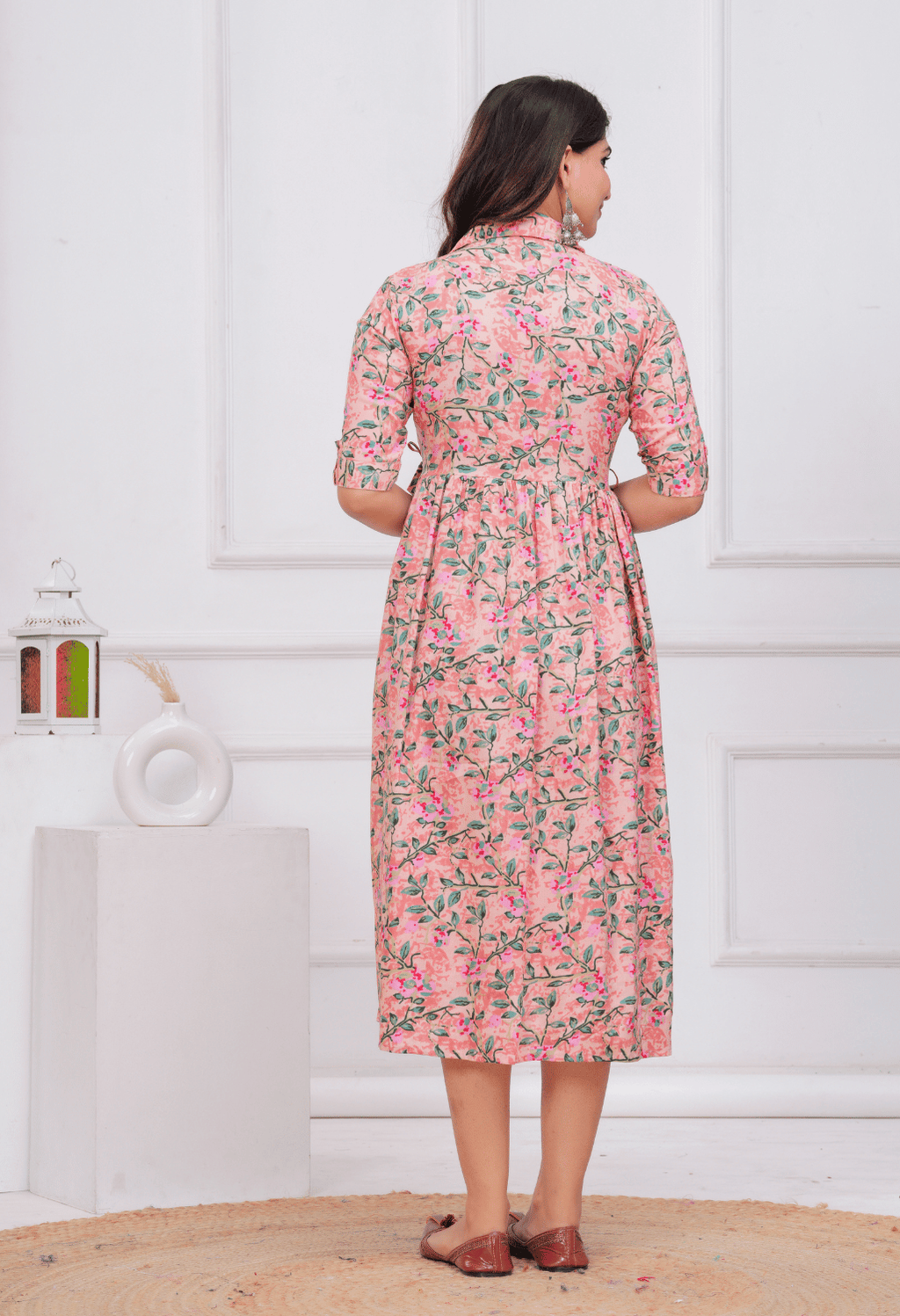 Peach Floral Printed Collared Viscose Rayon Maternity & Feeding Maxi Dress