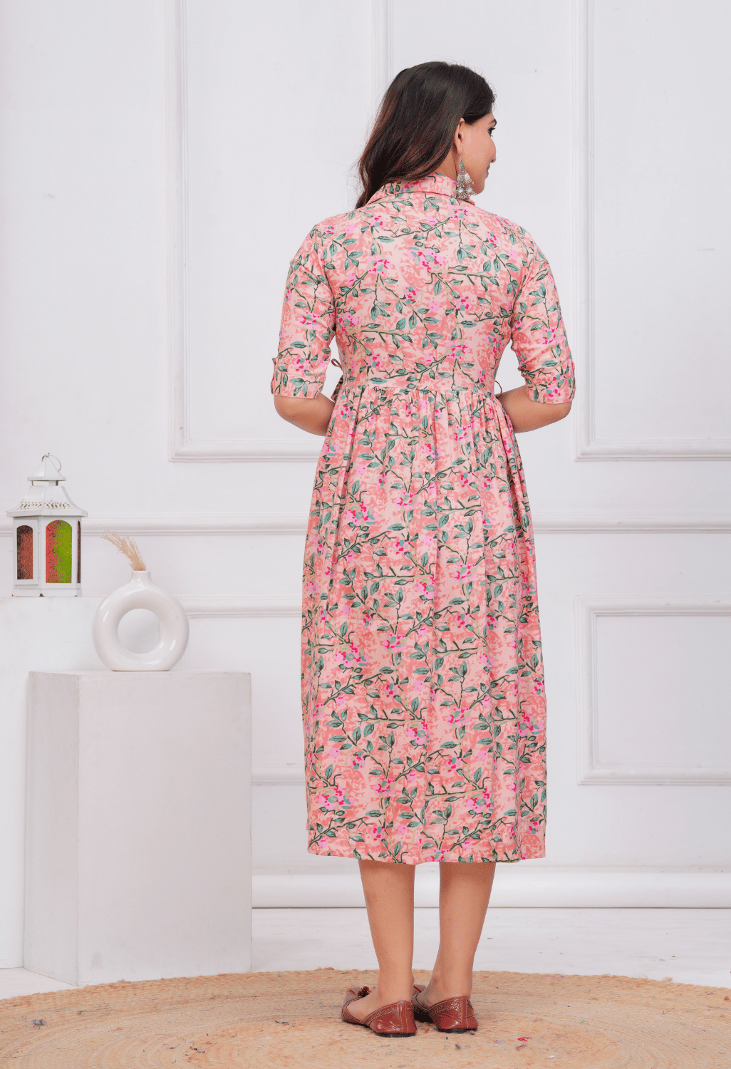Peach Floral Printed Collared Viscose Rayon Maternity & Feeding Maxi Dress