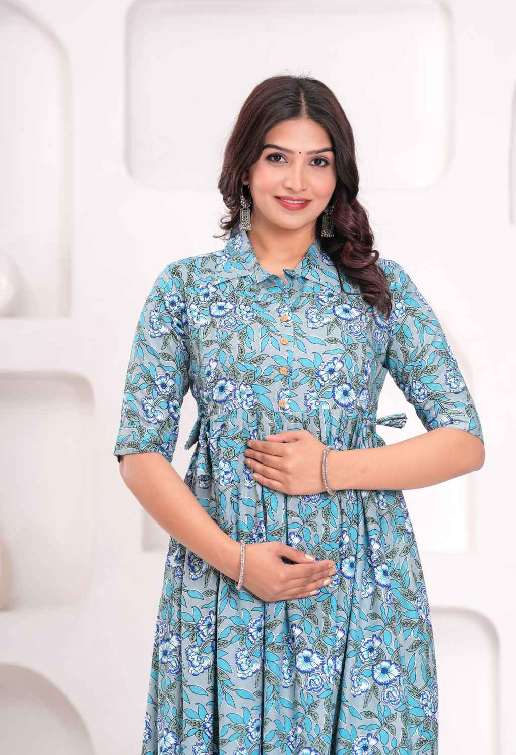 Sky Blue Floral Printed Collared Viscose Rayon Maternity & Feeding Midi Dress