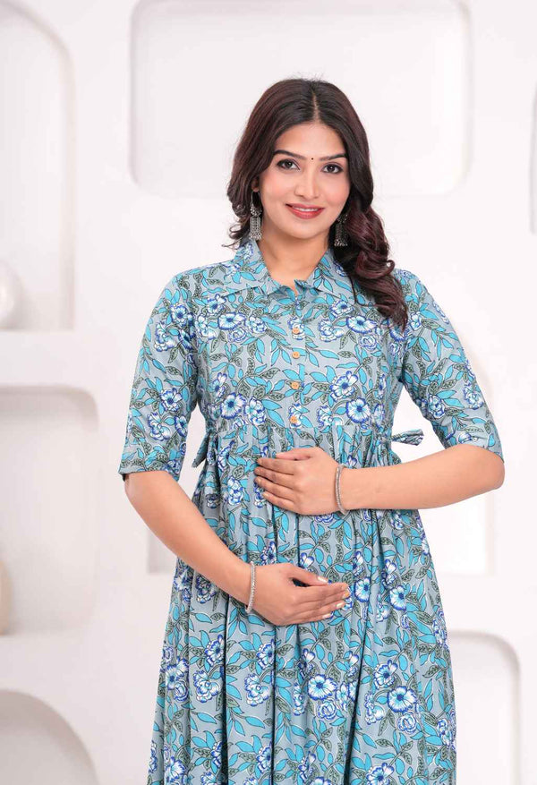 Sky Blue Floral Printed Collared Viscose Rayon Maternity & Feeding Midi Dress