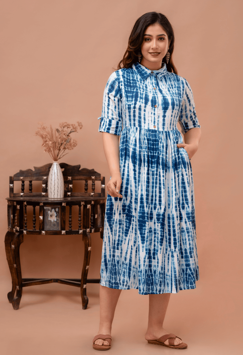 Indigo Blue Shibori Printed Collared Viscose Rayon Maternity & Feeding Midi Dress