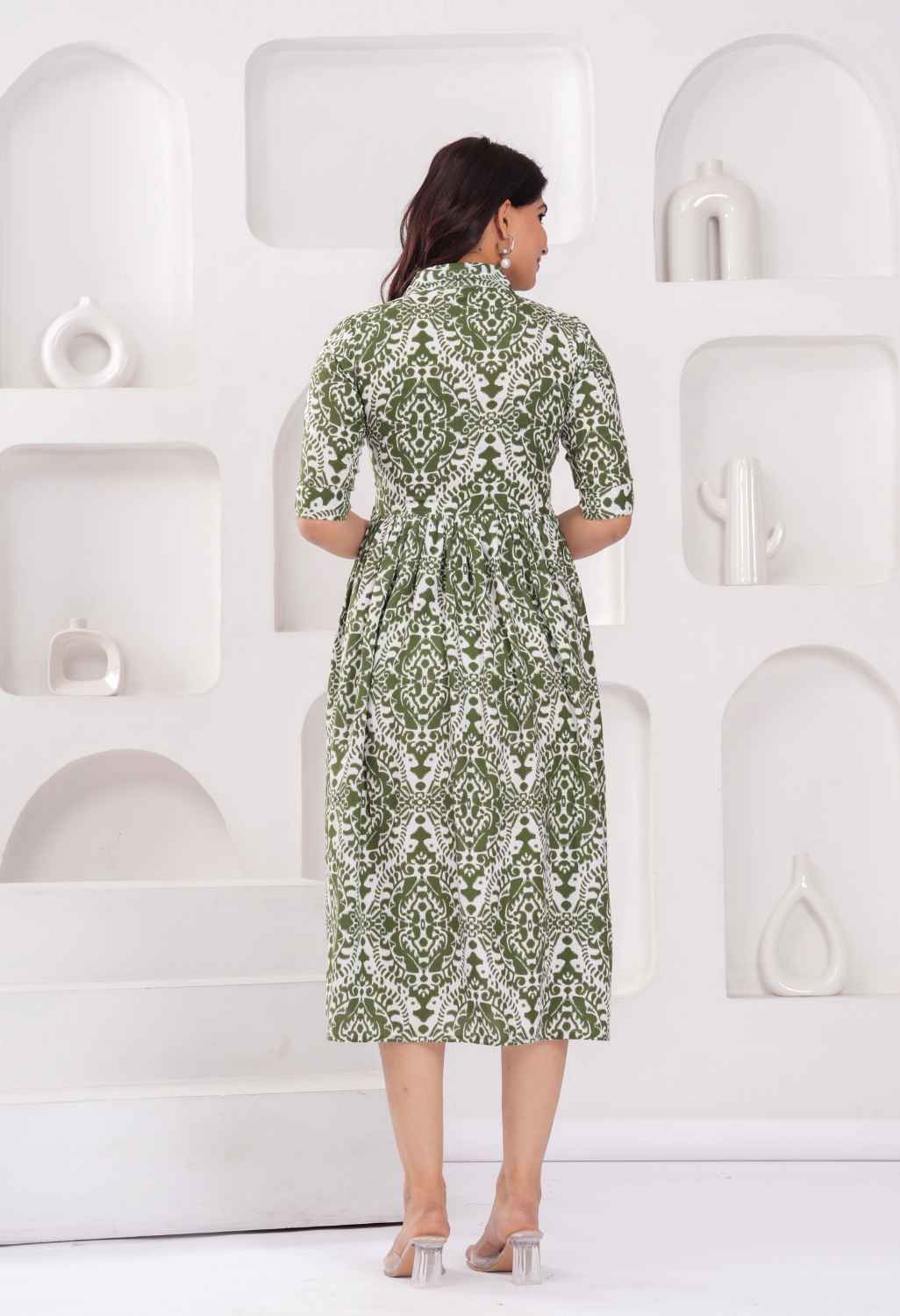 Olive Green Abstract Printed Collared Viscose Rayon Maternity & Feeding Midi Dress