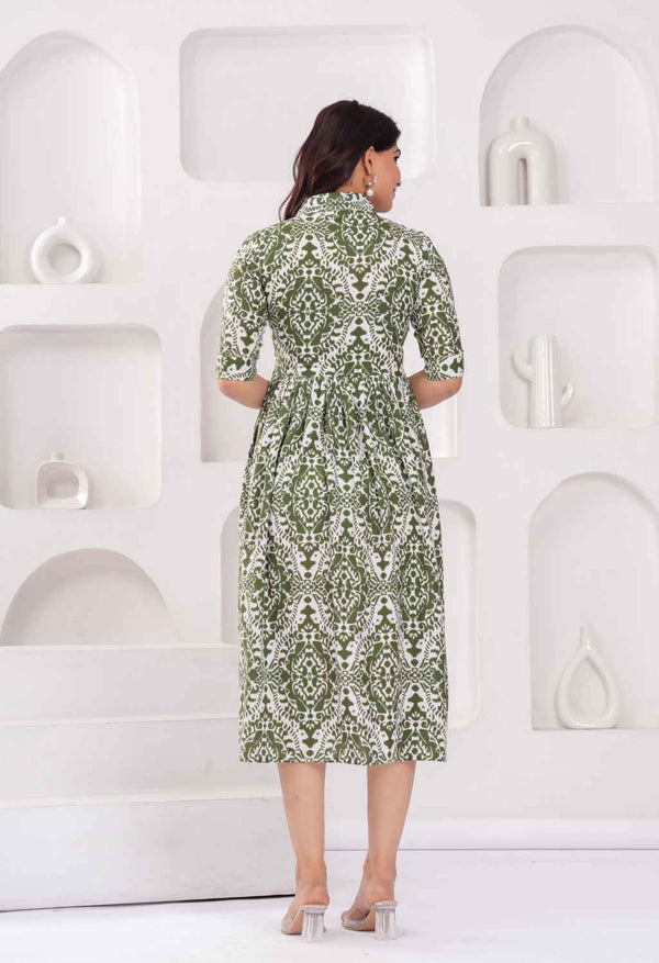 Olive Green Abstract Printed Collared Viscose Rayon Maternity & Feeding Midi Dress