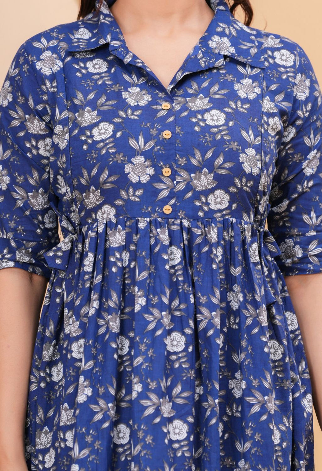 Blue Floral Printed Collared Viscose Rayon Maternity & Feeding Midi Dress