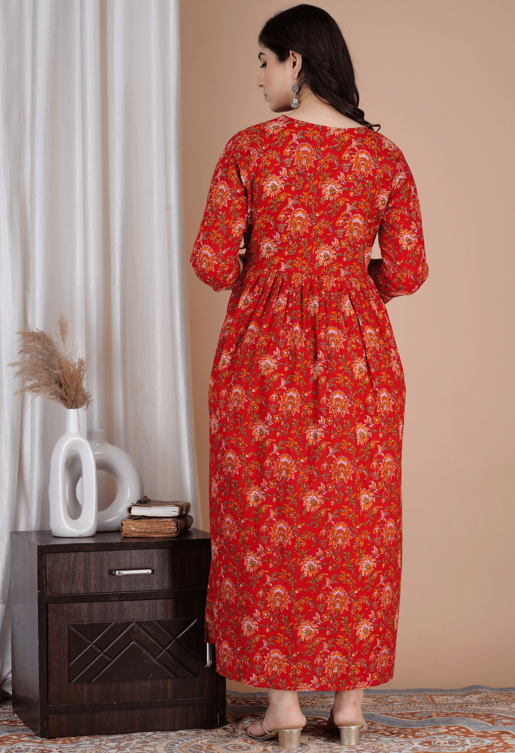 Rust Red Floral Printed Viscose Rayon Maternity & Feeding Maxi Dress