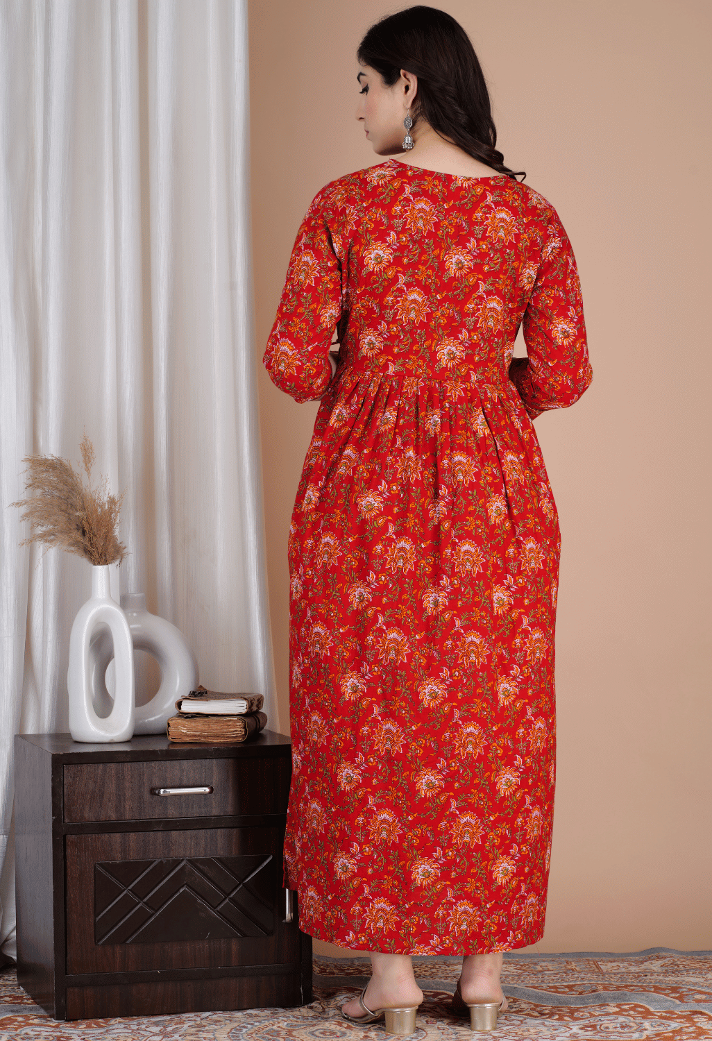 Rust Red Floral Printed Viscose Rayon Maternity & Feeding Maxi Dress