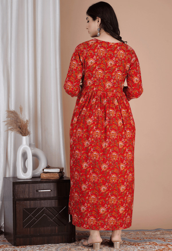 Rust Red Floral Printed Viscose Rayon Maternity & Feeding Maxi Dress