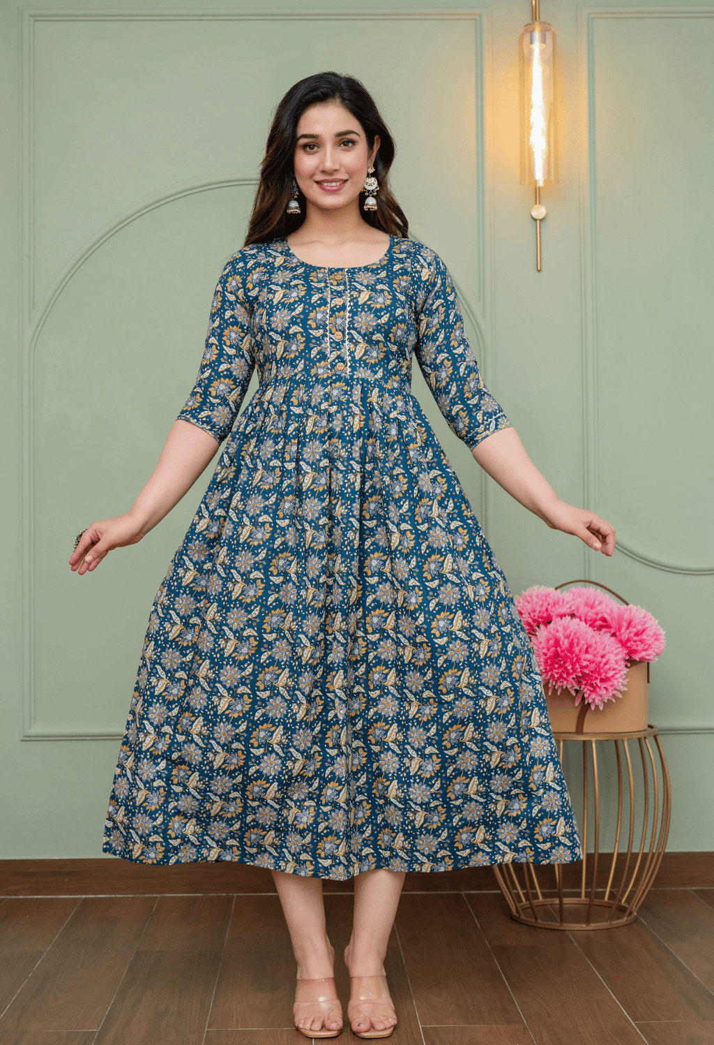 Teal Blue Vintage Floral Printed Viscose Rayon Maternity & Feeding Maxi Dress