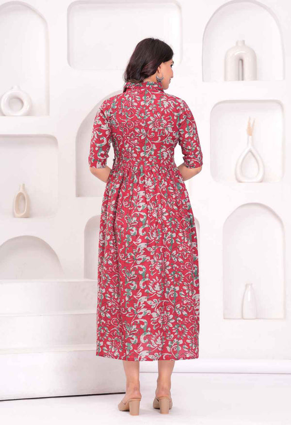 Rose Pink Floral Printed Collared Viscose Rayon Maternity & Feeding Midi Dress