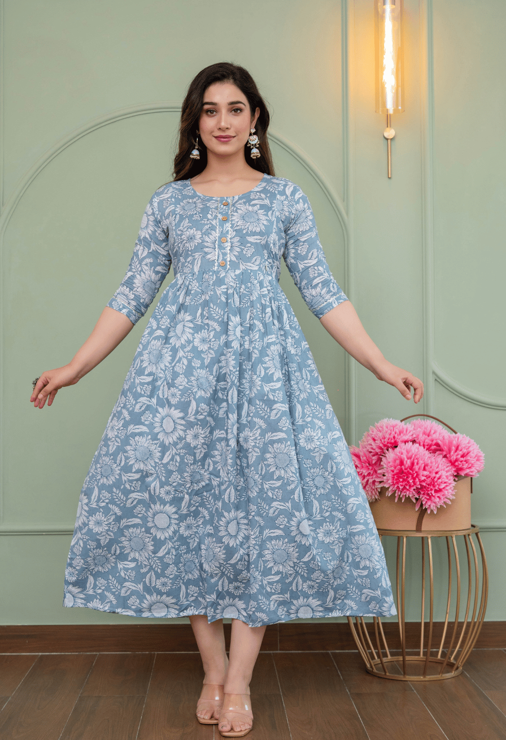 Grey Floral Printed Viscose Rayon Maternity & Feeding Maxi Dress
