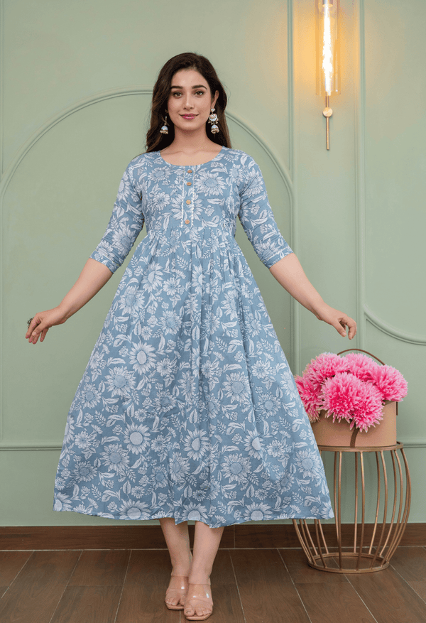 Grey Floral Printed Viscose Rayon Maternity & Feeding Maxi Dress