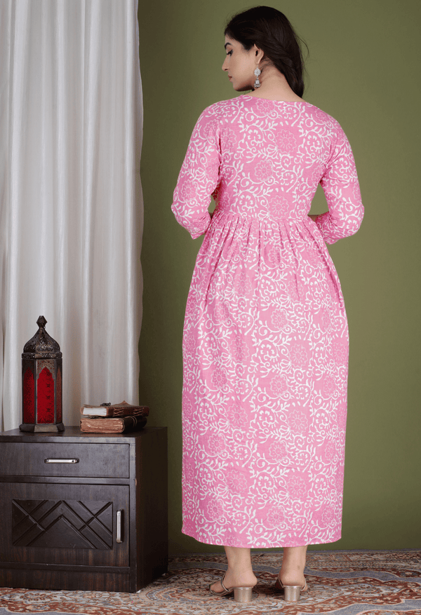 Pink & White Floral Printed Viscose Rayon Maternity & Feeding Midi Dress