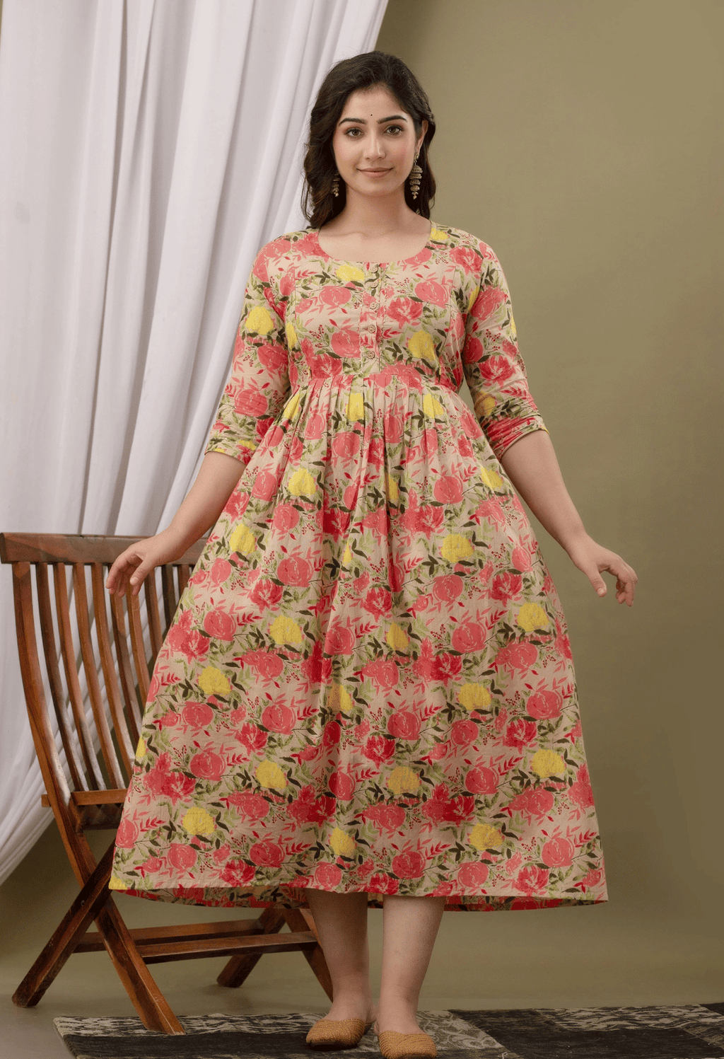 Beige Floral Printed Viscose Rayon Maternity & Feeding Maxi Dress