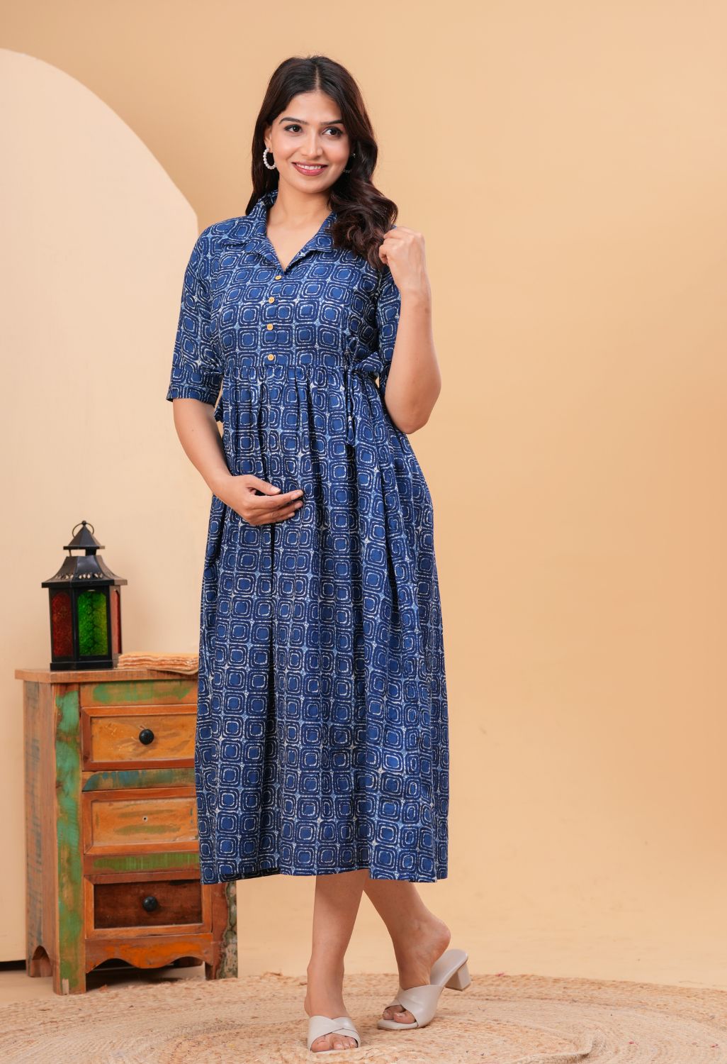 Indigo Geometric Printed Collared Viscose Rayon Maternity & Feeding Midi Dress Secondary image