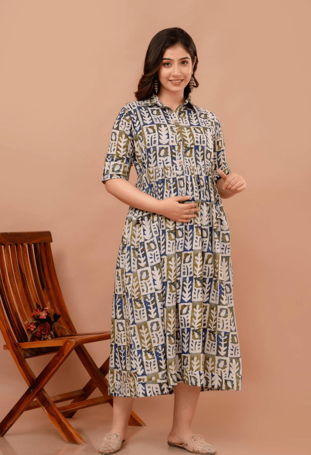 White Abstract Block Printed Collared Viscose Rayon Maternity & Feeding Maxi Dress