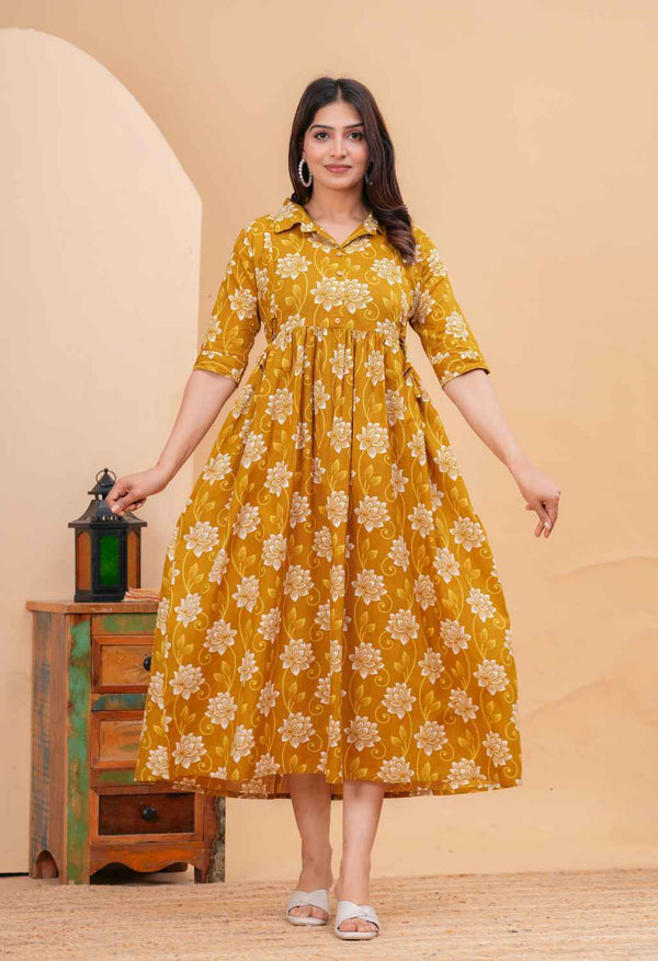 Mustard Floral Printed Collared Viscose Rayon Maternity & Feeding Midi Dress