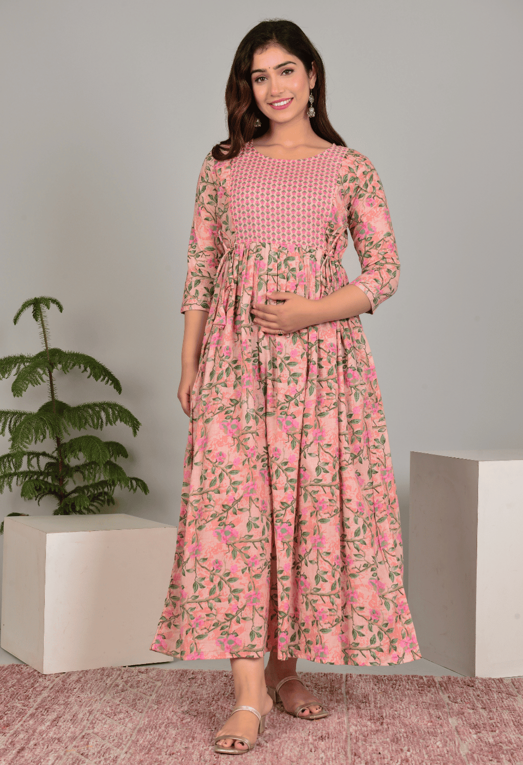 Peach Floral Printed Viscose Rayon Maternity & Feeding Maxi Dress