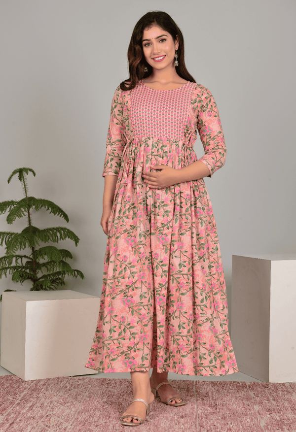 Peach Floral Printed Viscose Rayon Maternity & Feeding Maxi Dress