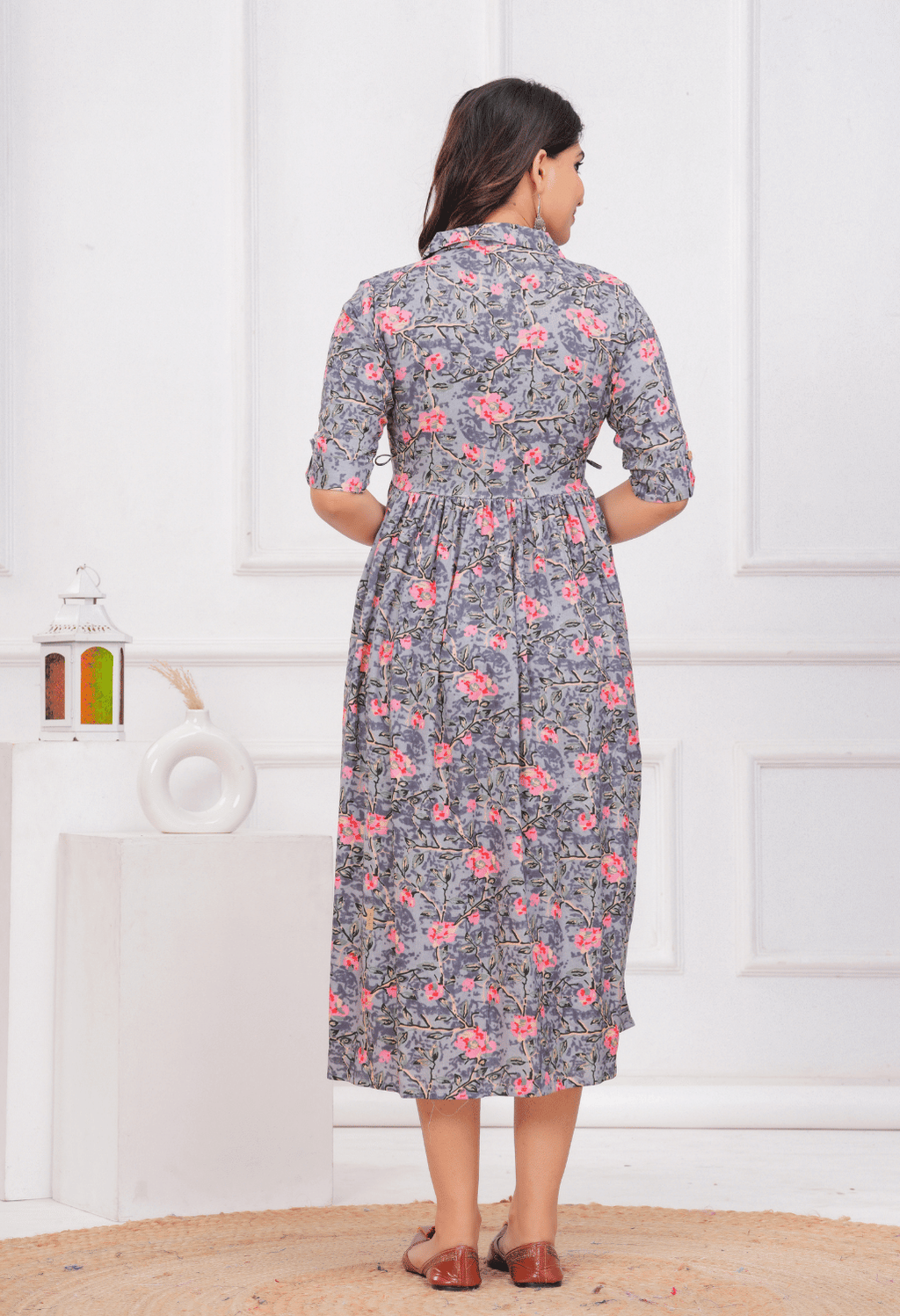 Grey Floral Printed Collared Viscose Rayon Maternity & Feeding Midi Dress