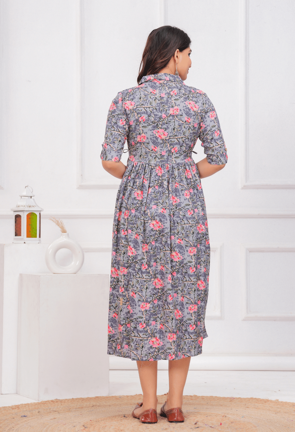 Grey Floral Printed Collared Viscose Rayon Maternity & Feeding Midi Dress