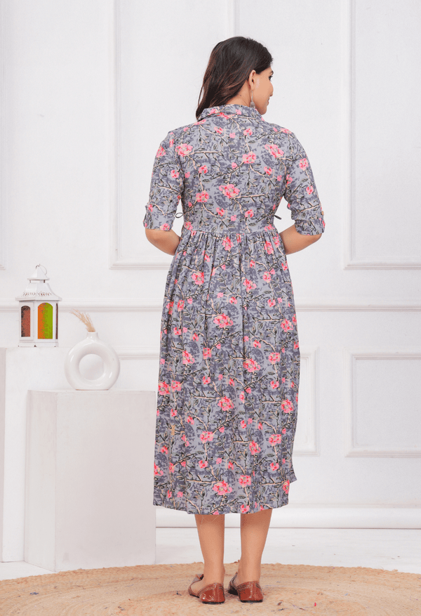 Grey Floral Printed Collared Viscose Rayon Maternity & Feeding Midi Dress