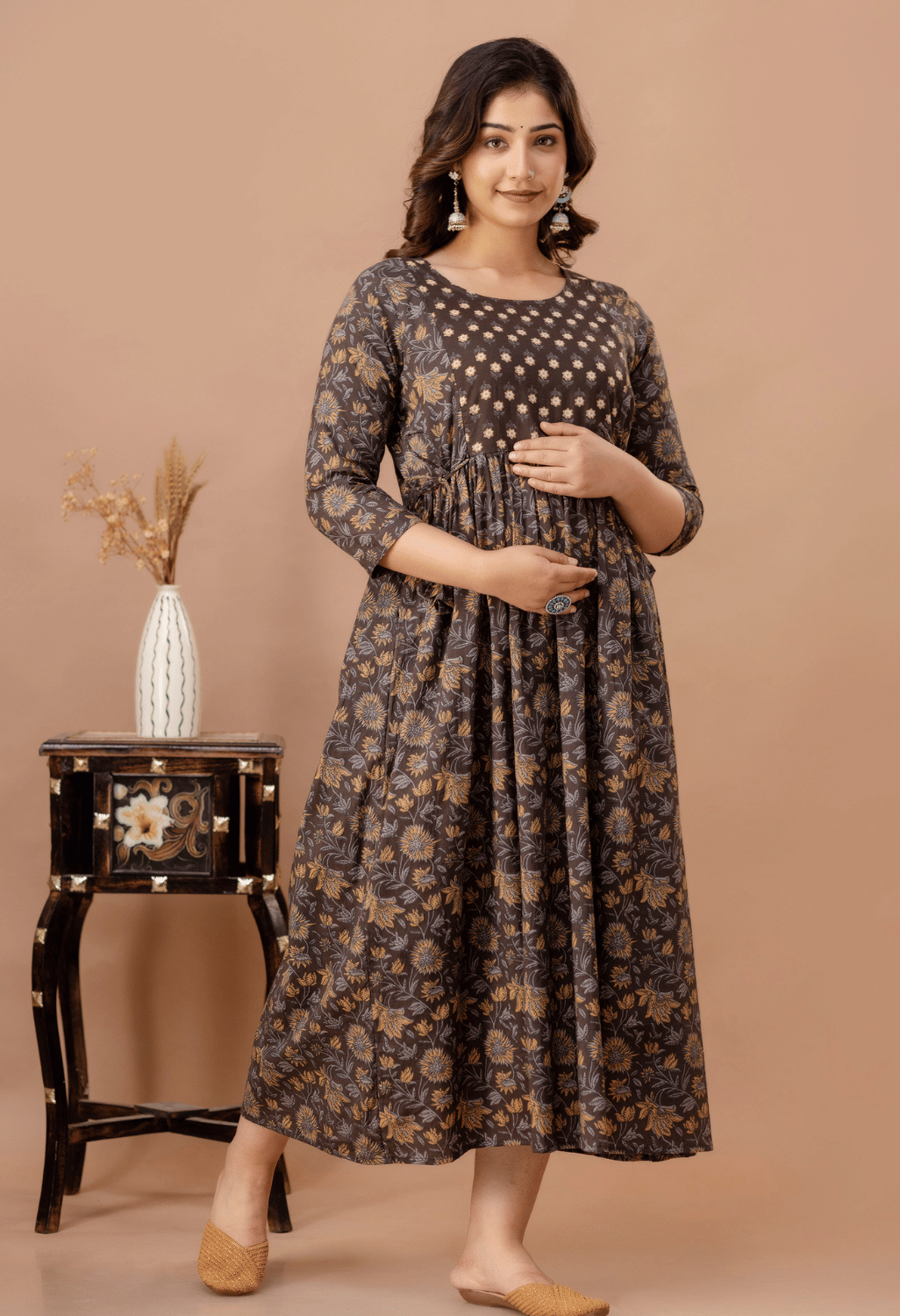 Coffee Brown Floral Printed Viscose Rayon Maternity & Feeding Maxi Dress Main image