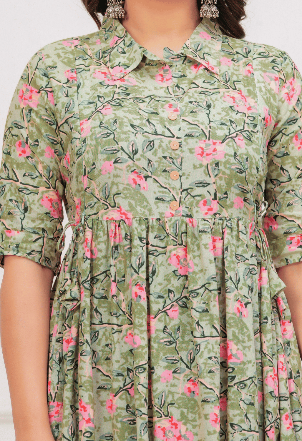 Olive Green Floral Printed Collared Viscose Rayon Maternity & Feeding Midi Dress