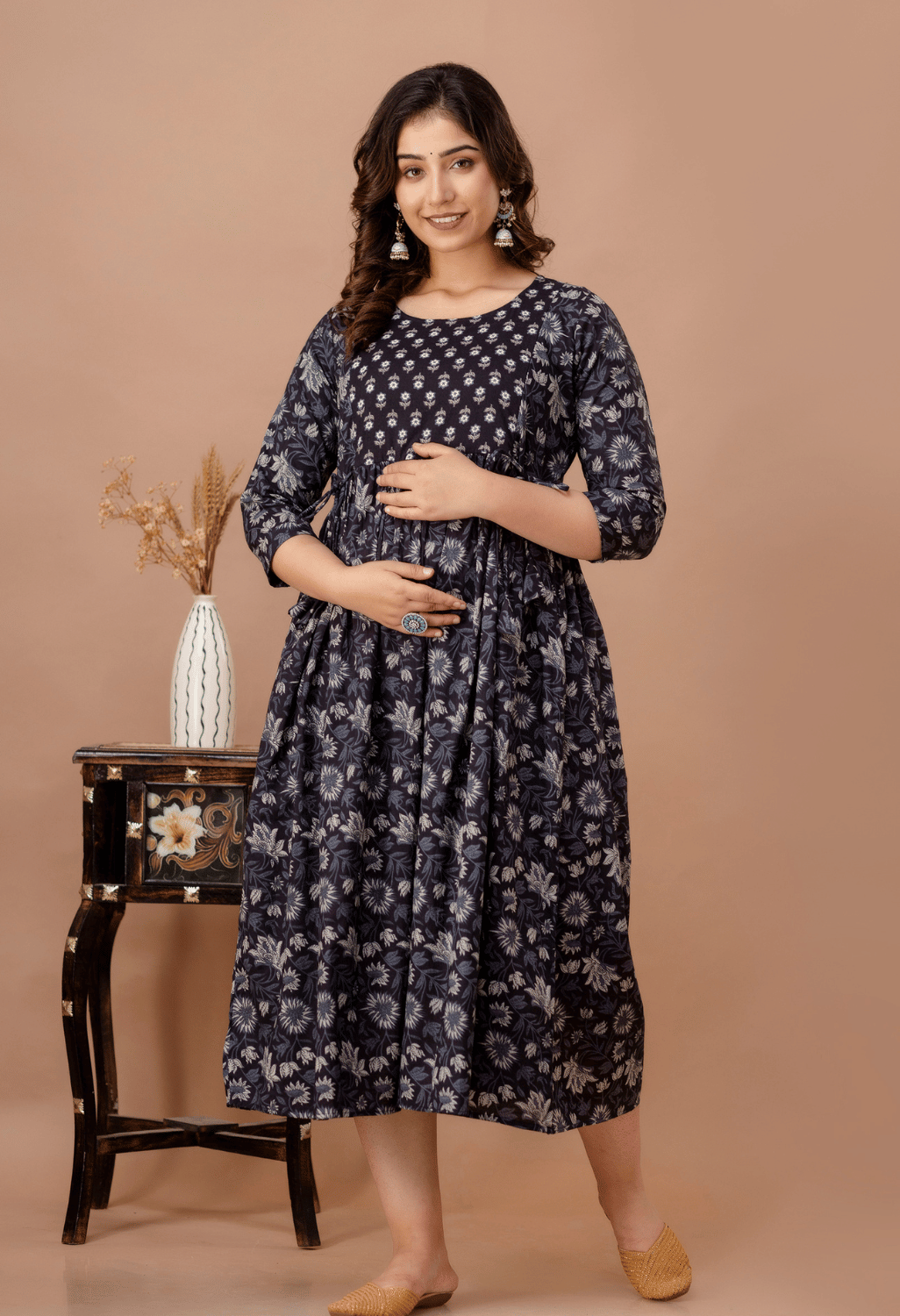 Black Printed Viscose Rayon Maternity & Feeding Maxi Dress Main image