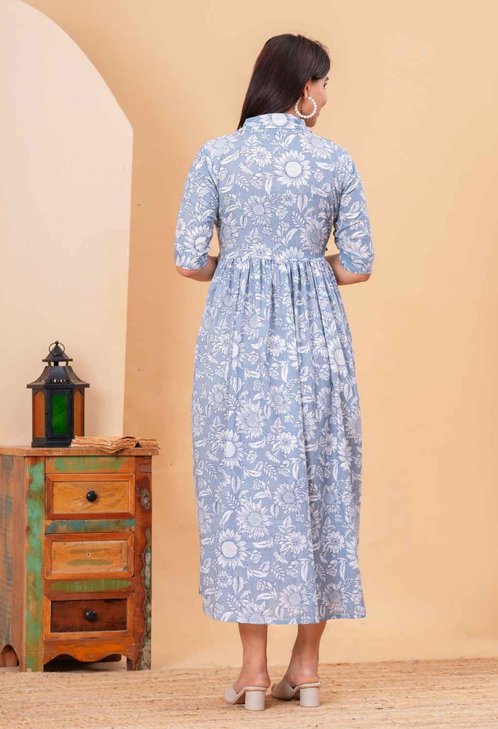 Bloom Mist Blue Floral Printed Collared Viscose Rayon Maternity & Feeding Midi Dress